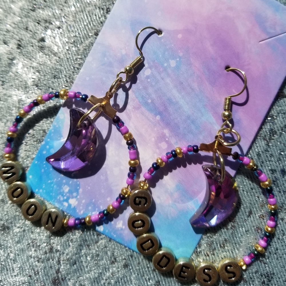 Moon goddess hoop earrings beaded dangles